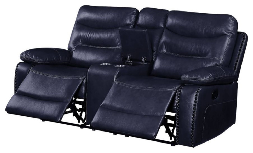 Ergode Loveseat With Console  Motion Navy Leather Gel Match   Contemporary   Loveseats   by VirVentures  Houzz