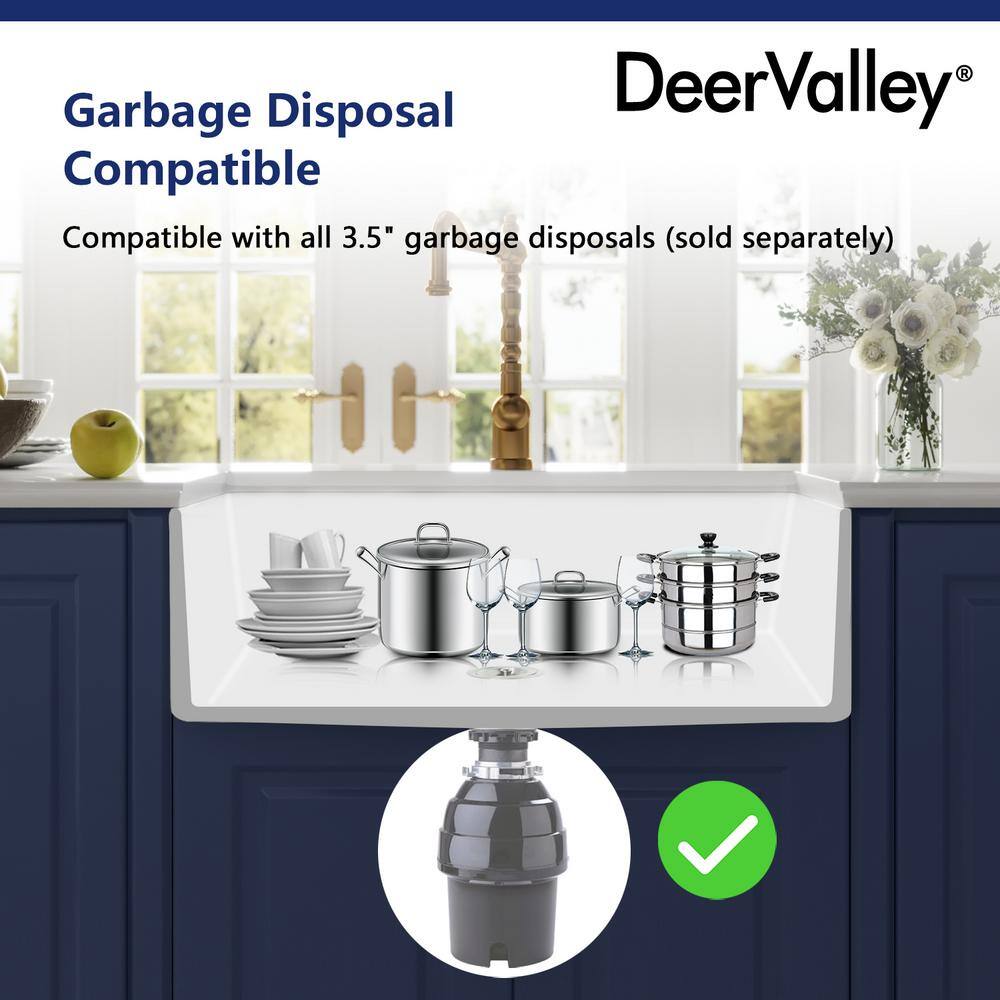 DEERVALLEY Grove Fireclay 33 in. L x 21 in. W Single Bowl Farmhouse Curved Kitchen Sink with Sink Grid and Basket Strainer DV-1K516