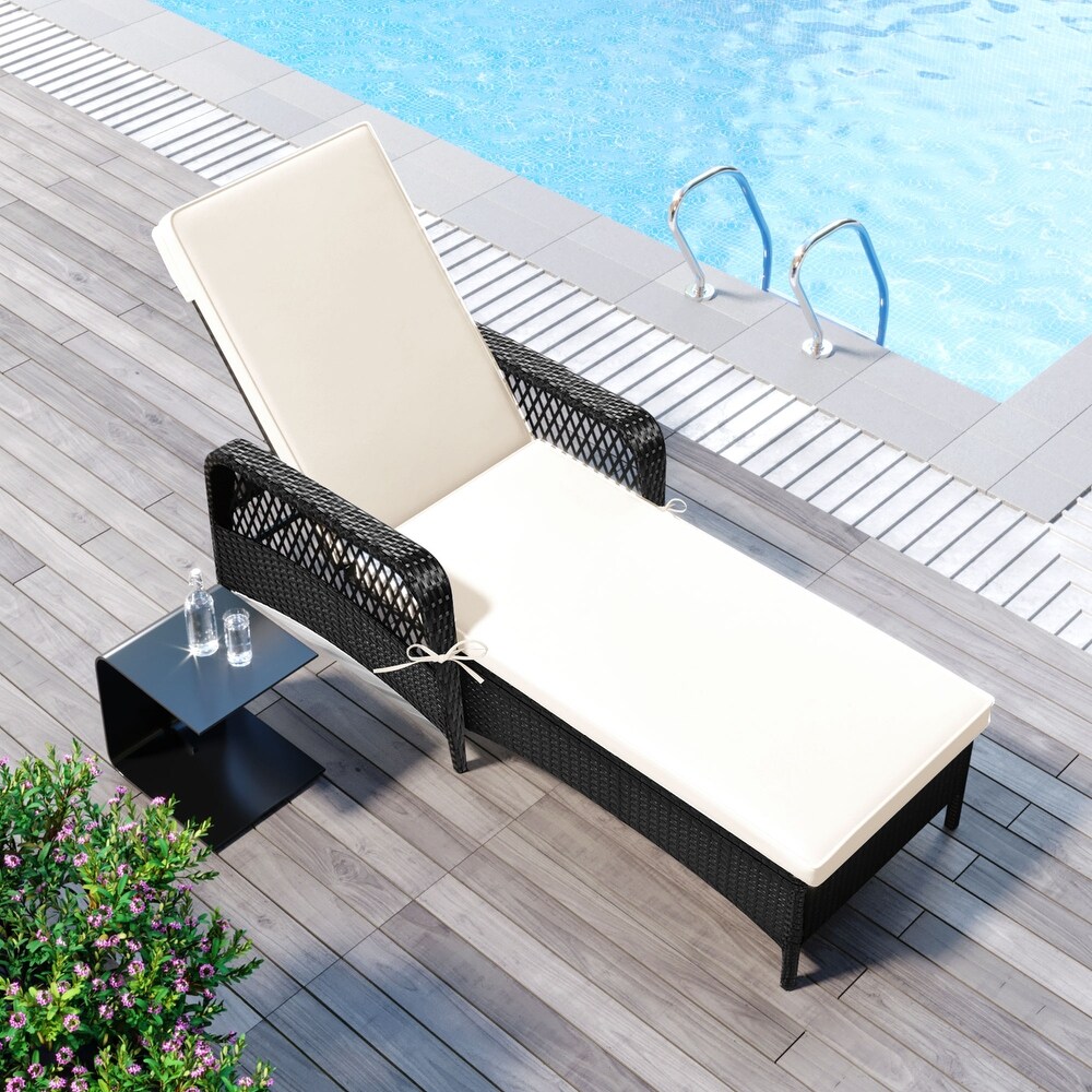 Outdoor patio pool PE rattan wicker chair wicker sun lounger  Adjustable backrest  Black wicker (1 set)