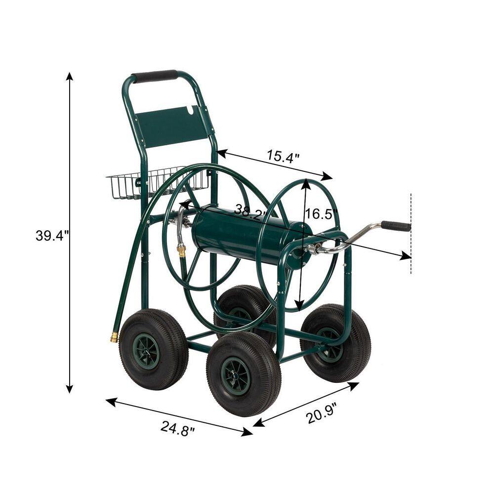 37 in. Outdoor Iron Four -Wheel Tube Car Garden Water Pipe Rolling Car Dark Green 978929524