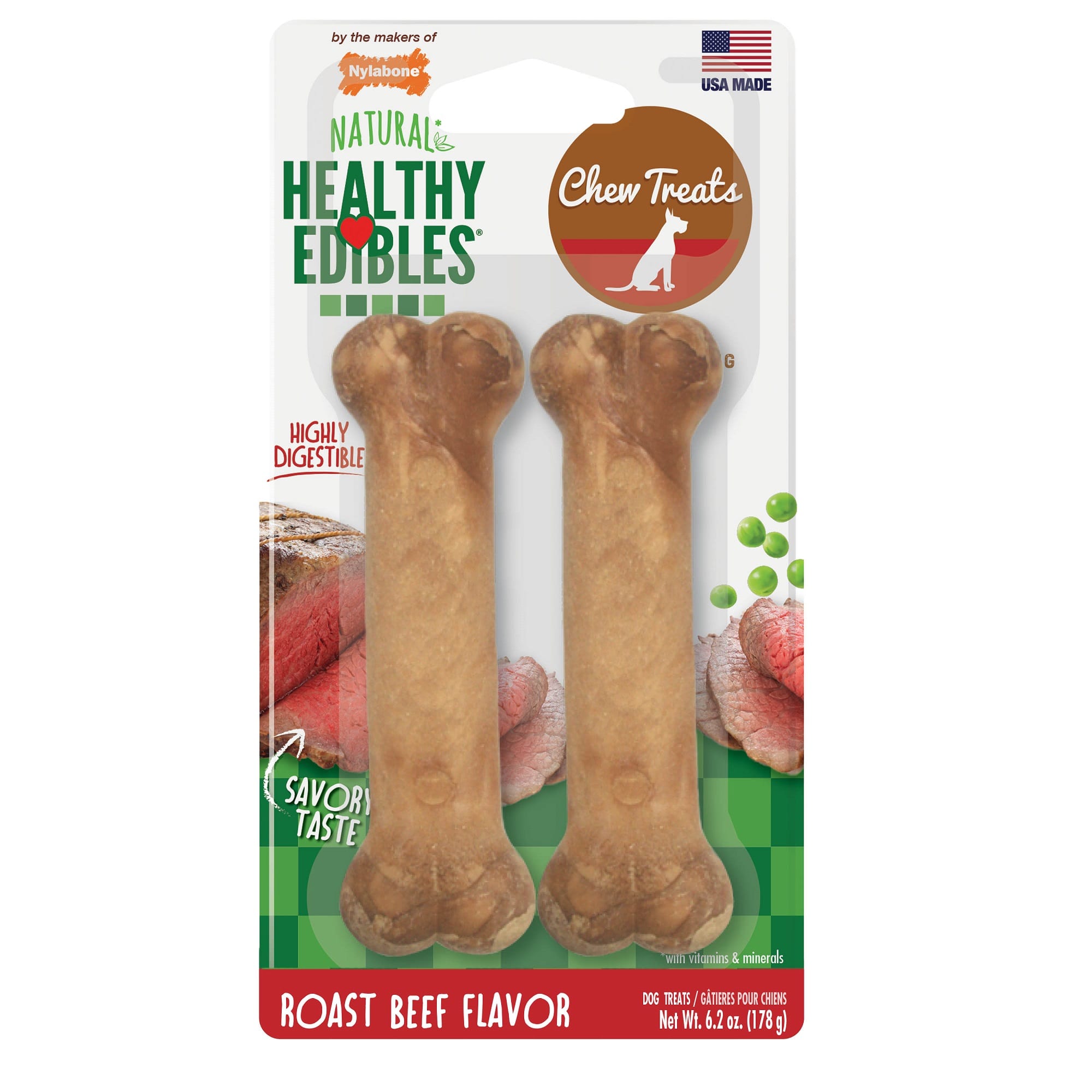 Nylabone Healthy Edibles Roast Beef Flavored Dog Bone Chews， Small， Count of 2