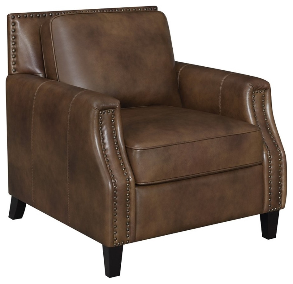 Coaster Farmhouse Leather Upholstered Recessed Arm Chair in Brown   Transitional   Armchairs And Accent Chairs   by Homesquare  Houzz