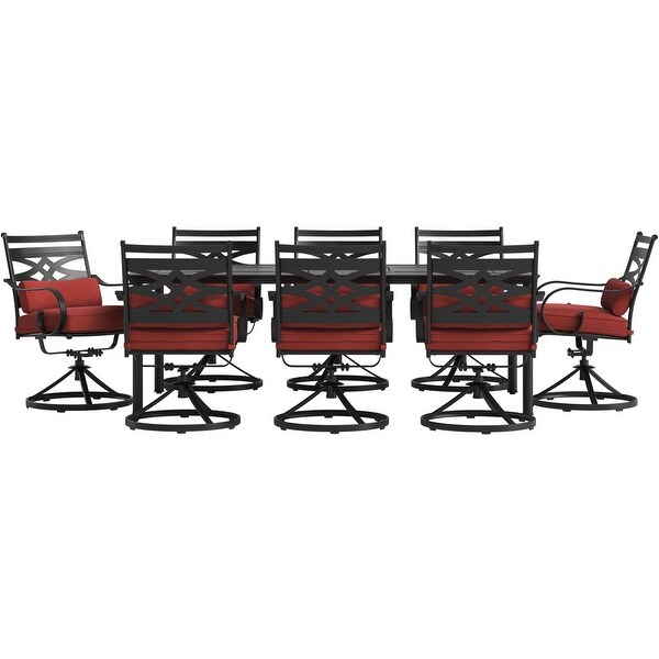 Hanover Montclair 9Piece Dining Set in Chili Red with 8 Swivel Rockers and a 42In. x 84In. Table