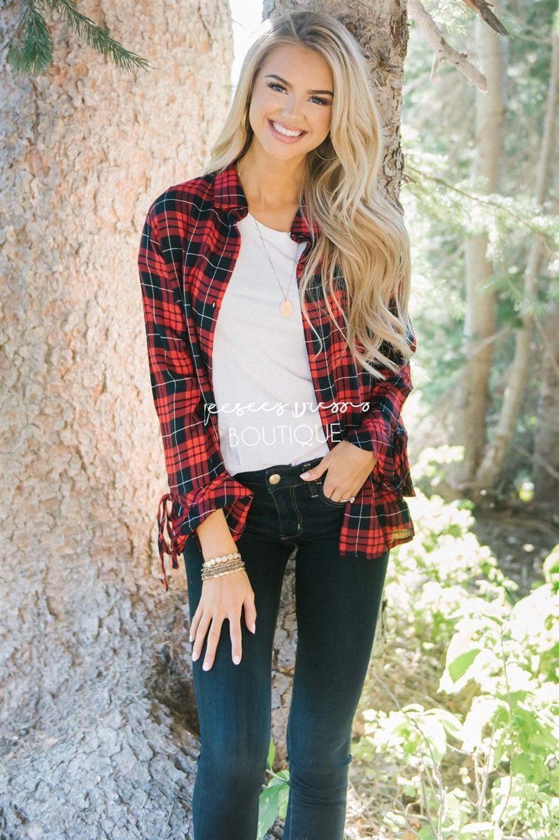 Plaid Button Down Tie Sleeve Top