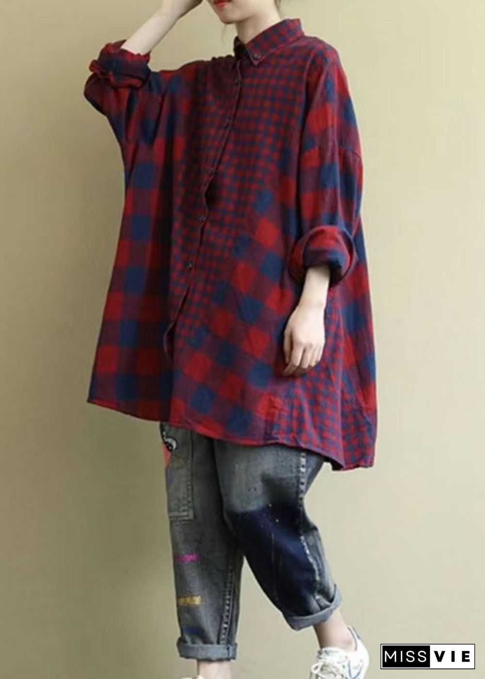 Classy Red Oversized Patchwork Plaid Cotton Shirt Dress Fall