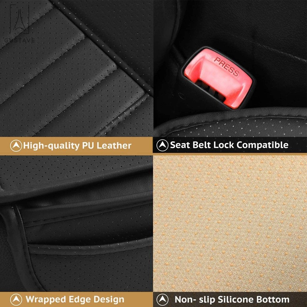 Gustave Universal Car Seat Cover， Car Front Seat Cushion Breathable PU Leather Pad Mat Non Slip Bottom for Auto Supplies Office Chair with Storage Pouch 