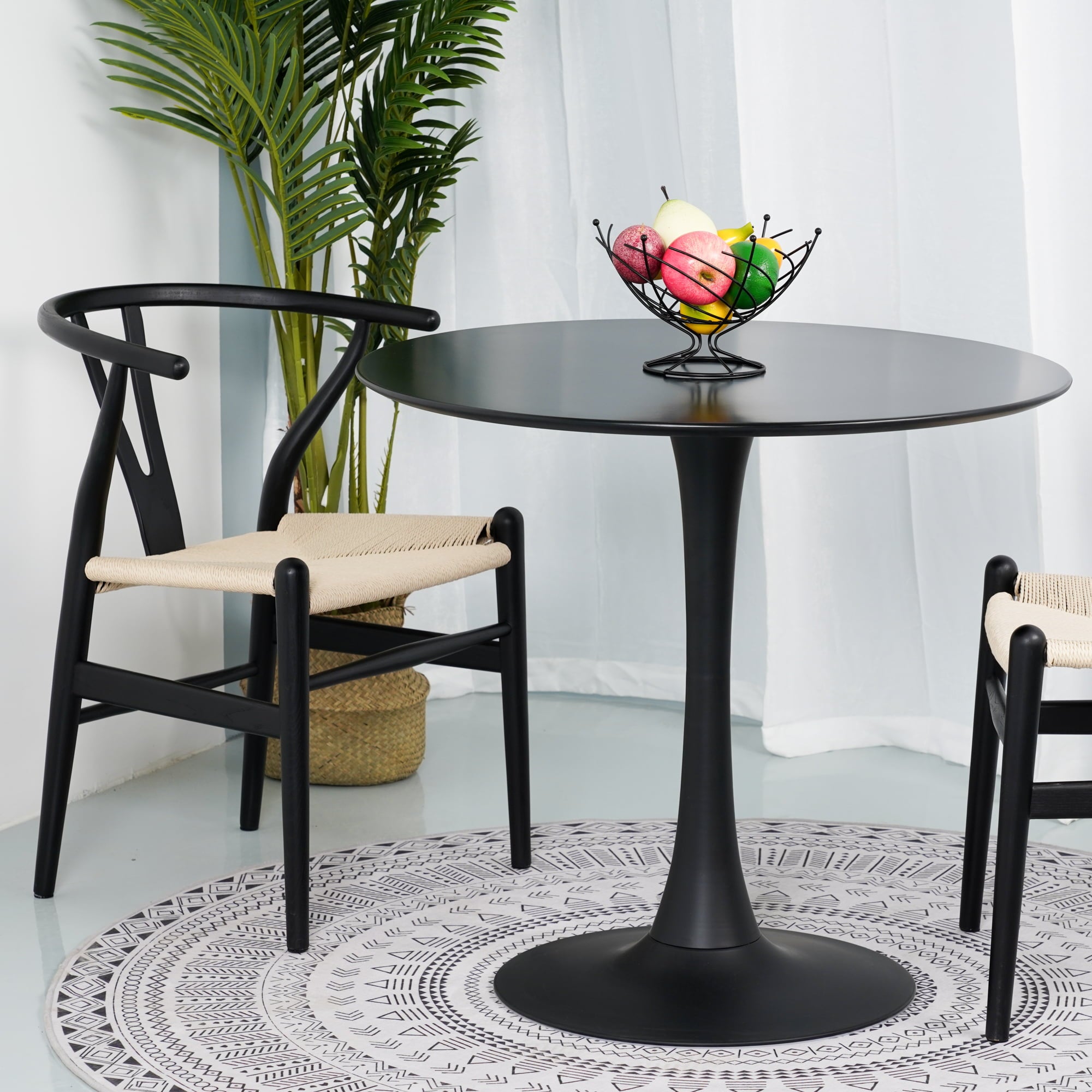 Tomile 32 Modern Round Tulip Style Dining Table for Kitchen, Mid Century MDF Round Top Coffee Table with Metal Pedestal Base, Black