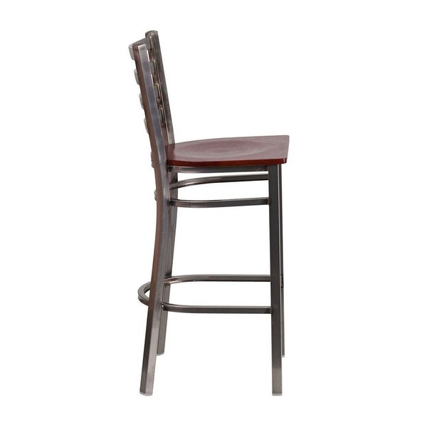 Offex Clear Coated Ladder Back Metal Restaurant Barstool - Mahogany Wood Seat