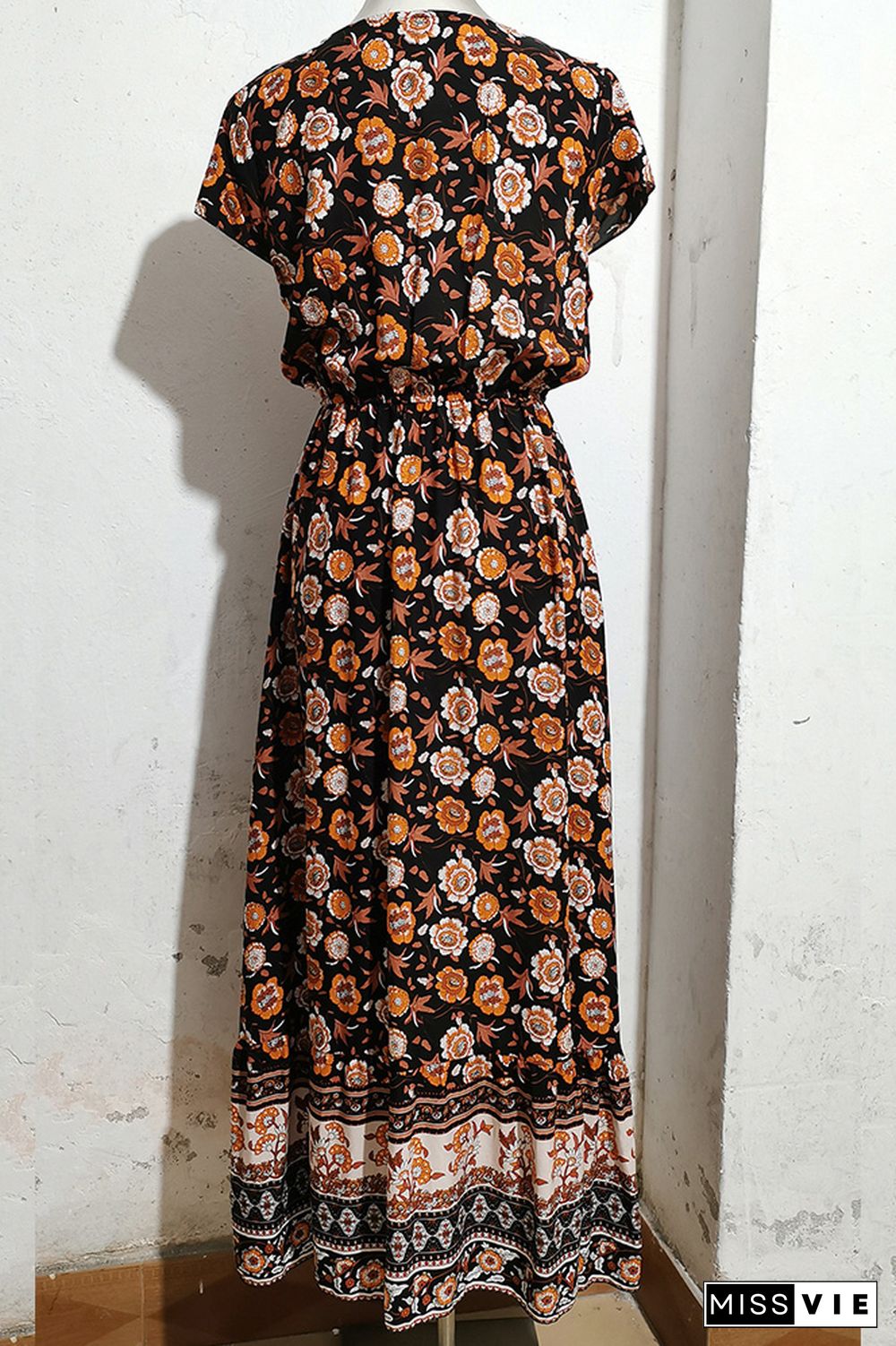 V Neck Buttoned Drawstring Bohemian Print Maxi Dress