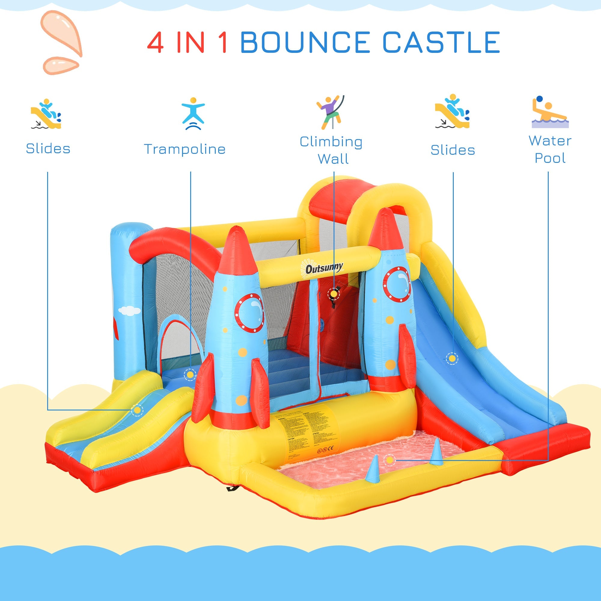 Outsunny 4-in-1 Kids Inflatable Bounce House Jumping Castle with 2 Slides, Climbing Wall, Trampoline, & Water Pool Area, Air Blower