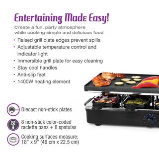 Salton 162 sq. in. Black Thermoplastic Smokeless 8-Person Party Grill and Raclette with Adjustable Temperature Control PG1645