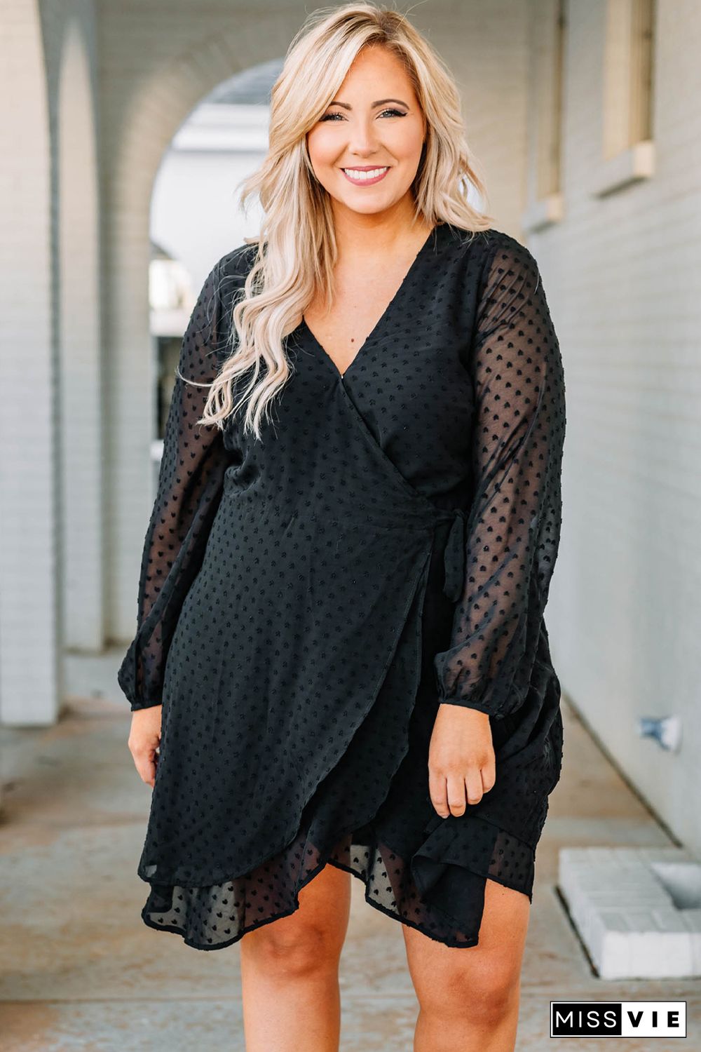 Black Plus Size Swiss Dot V Neck Wrap Long Sleeve Dress