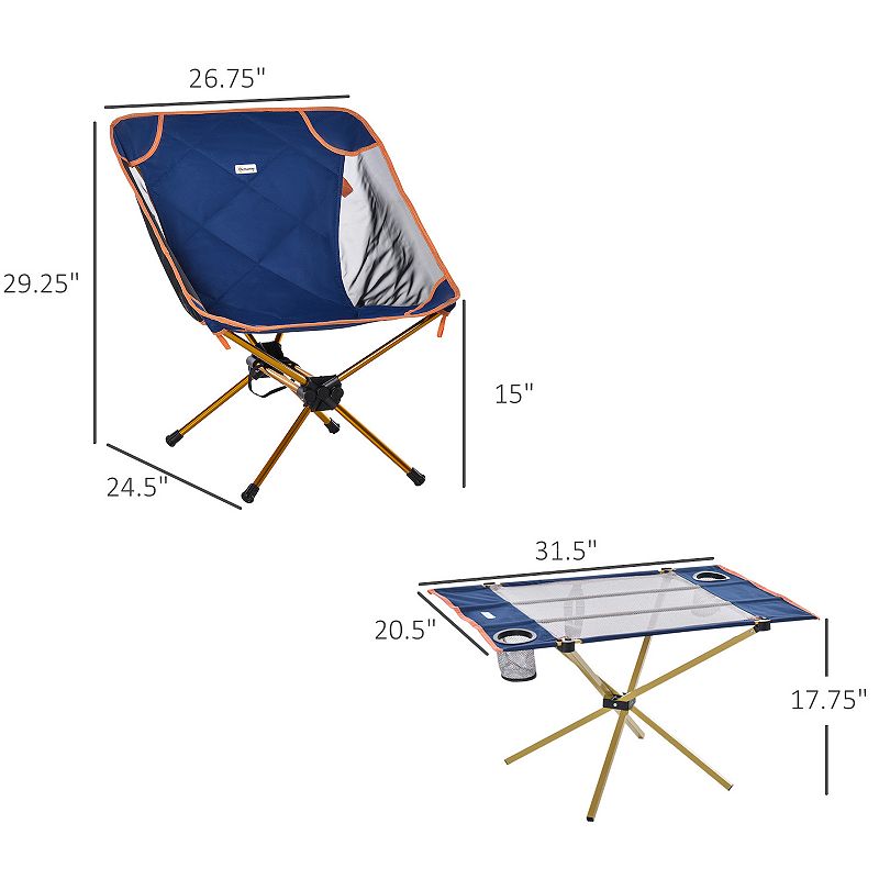 Outsunny Aluminum Camping Padded Chairs Set with Lightweight Folding Table with 2 Cup Holders Portable Carry Bag for Travel Camping Fishing and Beach