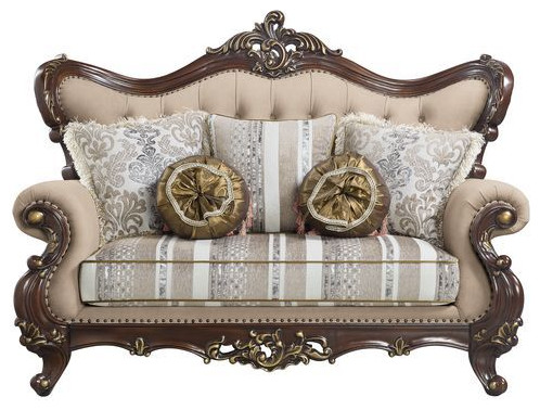 ACME Ragnar Loveseat With 5 Pillows  Light Brown Linen and Cherry Finish   Victorian   Loveseats   by Acme Furniture  Houzz