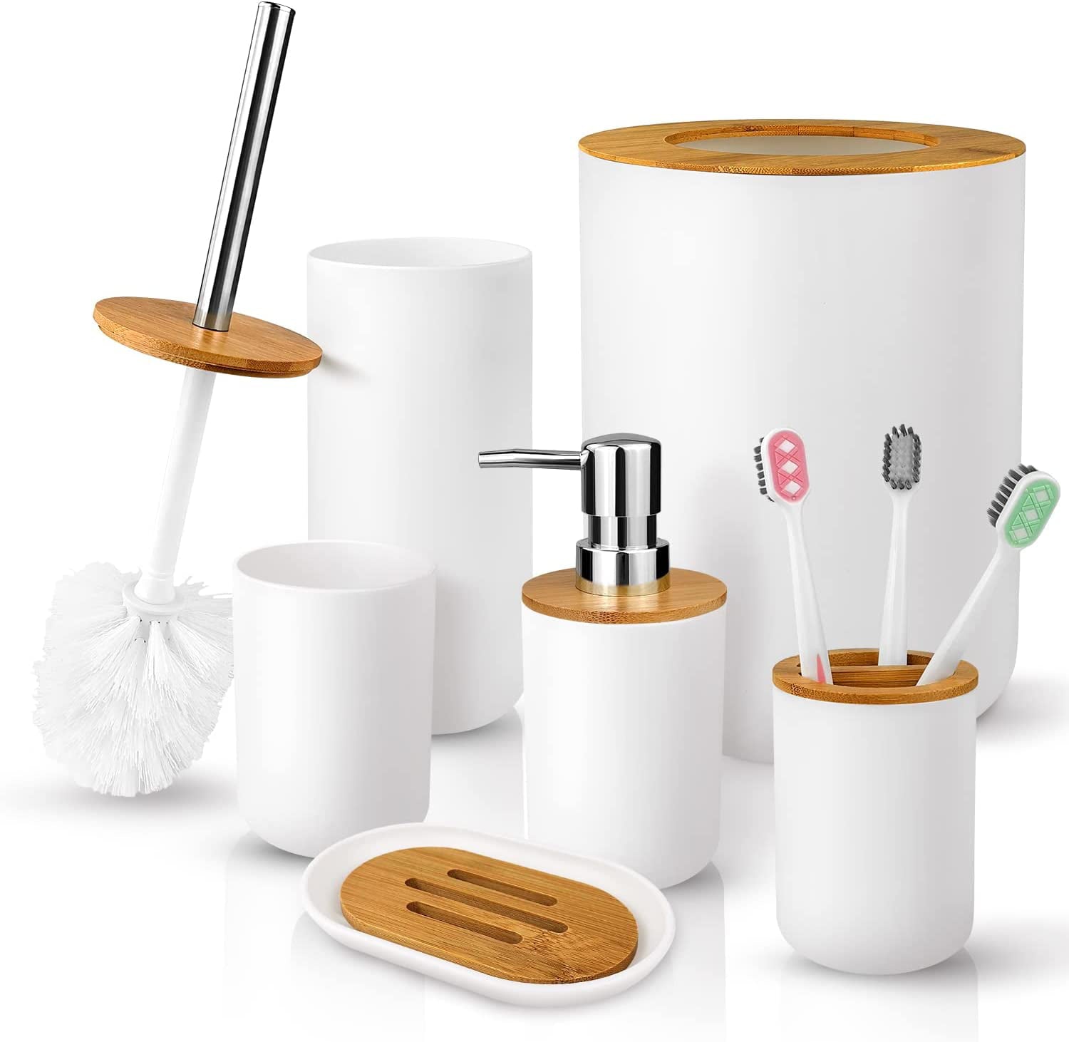 6 Pcs Bamboo and Plastic Bathroom Accessories Sets， Specially Designed for Small Spaces， Suitable for Homes， Hotels， Office Buildings (White)