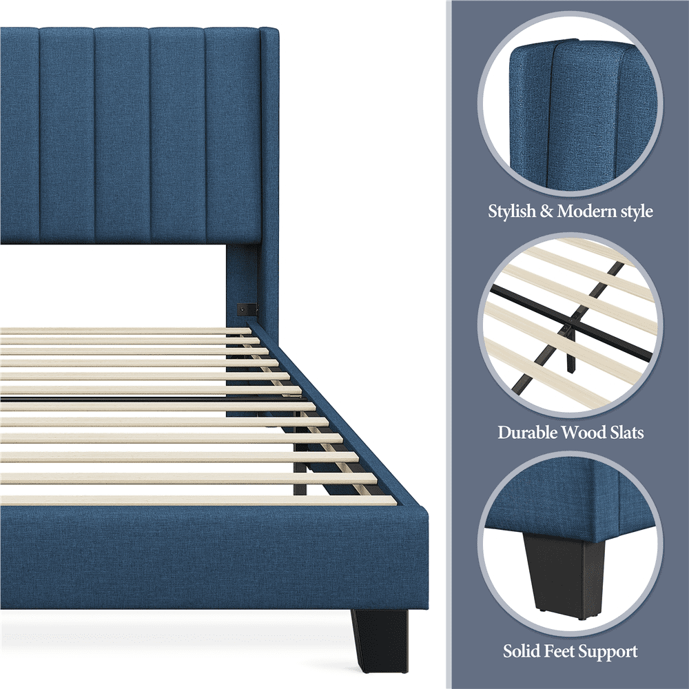 Alden Design Upholstered Platform Queen Bed with Channel Stitching, Navy Blue