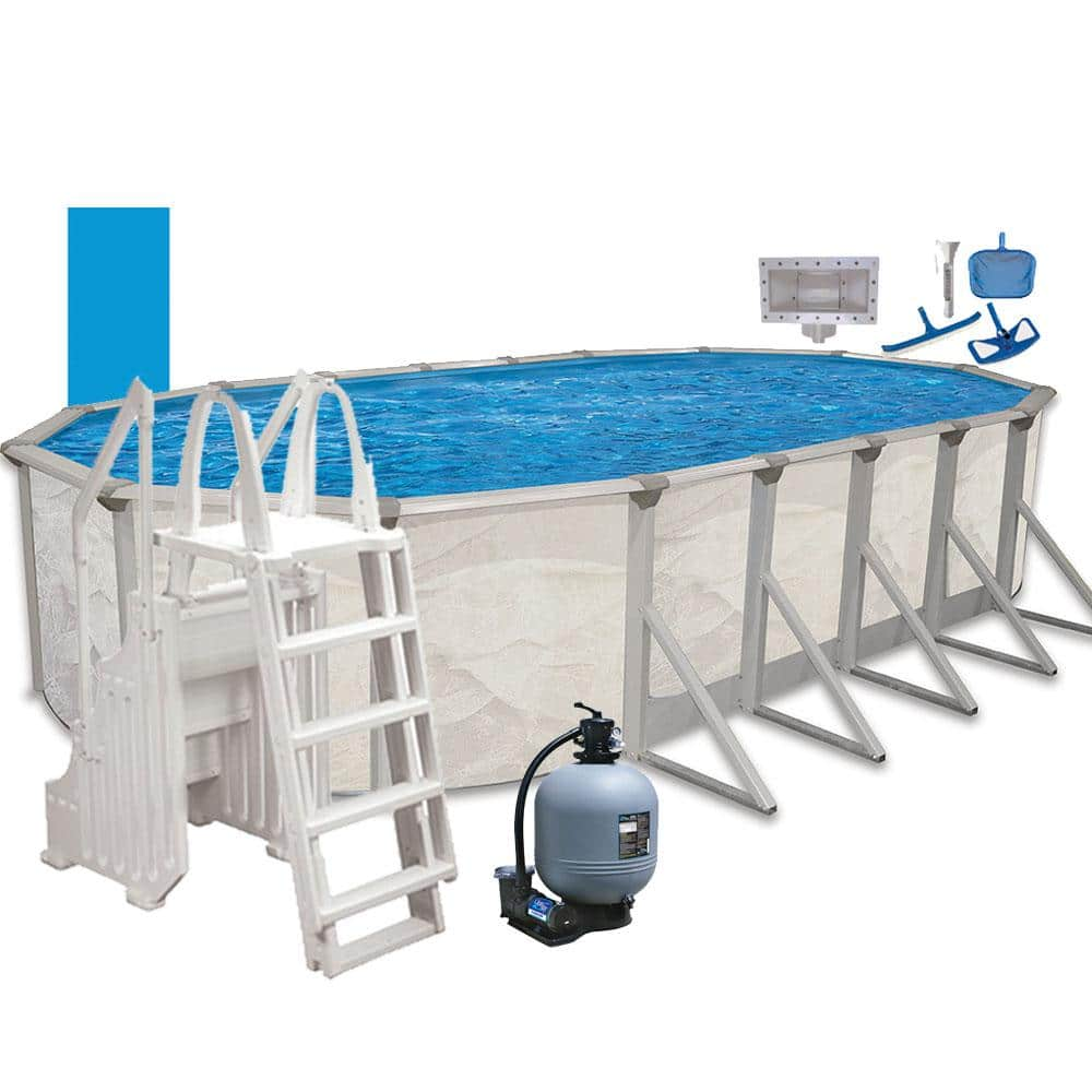 AQUARIAN Independence 12 ft. x 24 ft. Oval 52 in. D Metal Wall Above Ground Hard Side Pool Package with Entry Step System PURBCH122452HD6