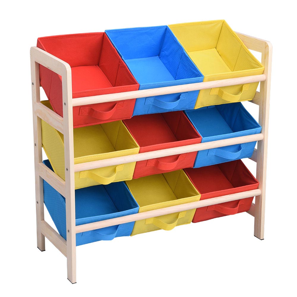 Yescom 3 Tires Kids Toys Color Organizer Wood Shelf 9-Bin Storage