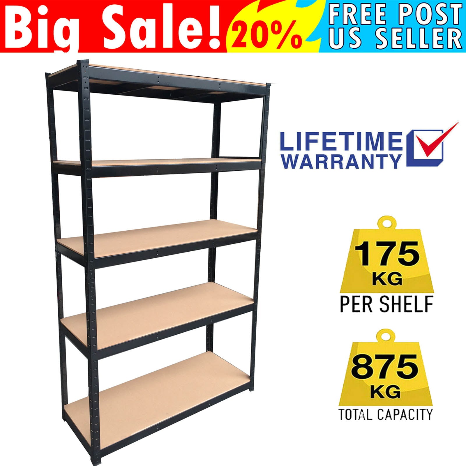 Dayplus 5-Tier Metal Shelving Unit Adjustable Garage Shed Heavy Duty Shelves Multipurpose Shelf Warehouse Kitchen Living Room Black