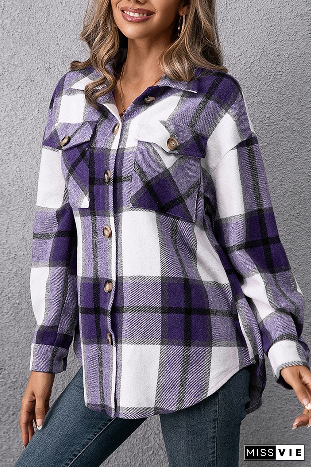 Plaid Double Pockets Turn-down Collar Shacket Jacket Women Wholesale