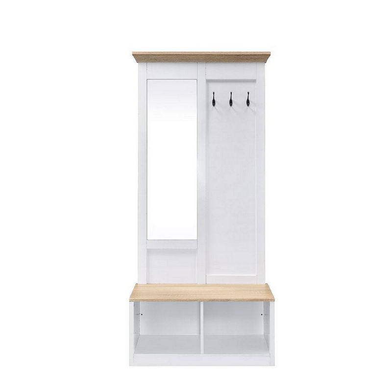 Hall Tree With Body Length Mirror and Bench Seat， White and Brown