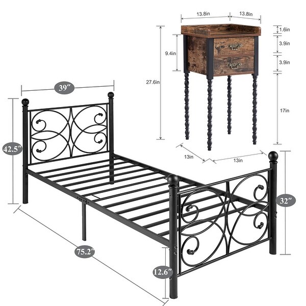 Taomika 3-pieces Bedroom Set with Metal Bed Frame and 2-Drawer Nightstands - - 35937071