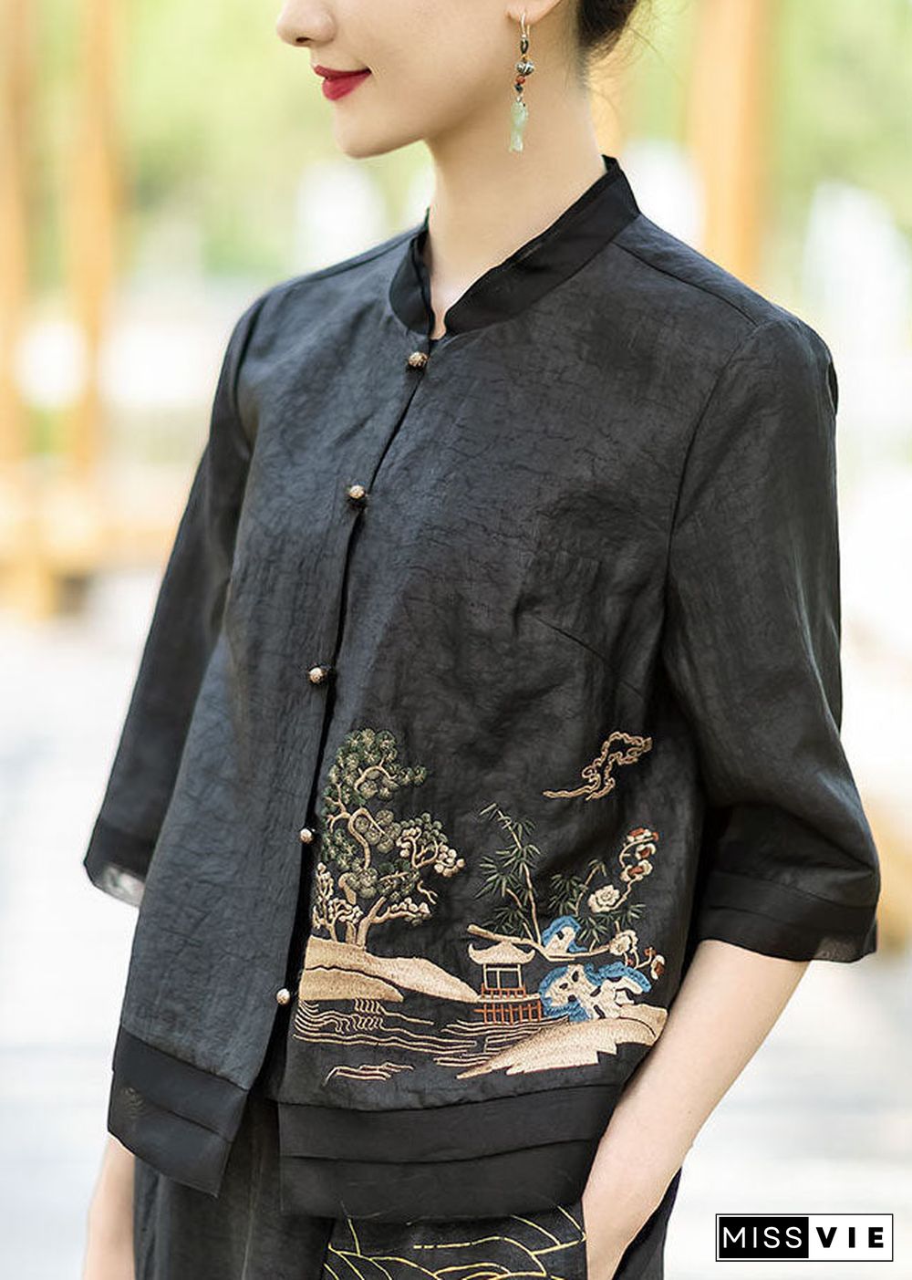 Chinese Style Black button Embroideried Stand Collar Silk coats Half Sleeve