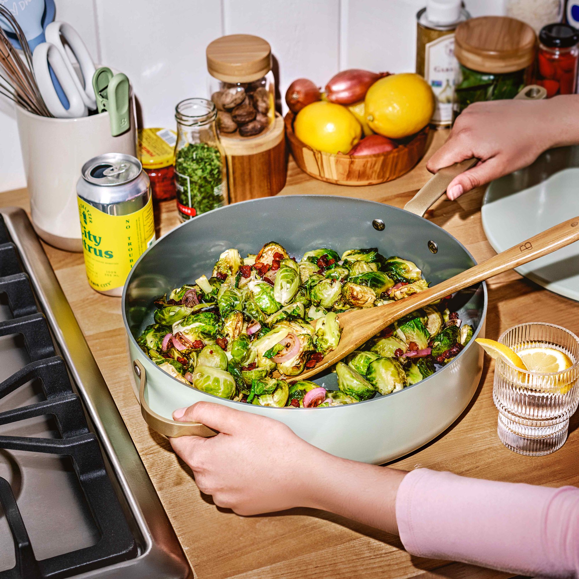 Beautiful 5.5 Quart Ceramic Non-Stick Saute Pan， Sage Green by Drew Barrymore