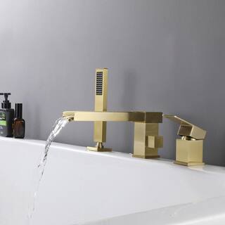 Hlihome 2-Handle Deck Mount Roman Tub Filler Faucet in Brushed Gold RBDK-0929-BG