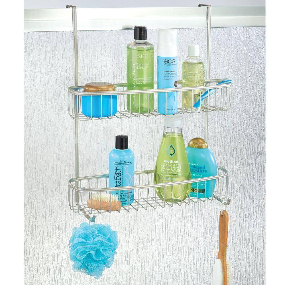 Dracelo Satin Extra Wide Stainless Steel BathShower Over Door Caddy Hanging Storage Organizer 2-Tier Rack with Hook and Basket B07CZ3DGVC