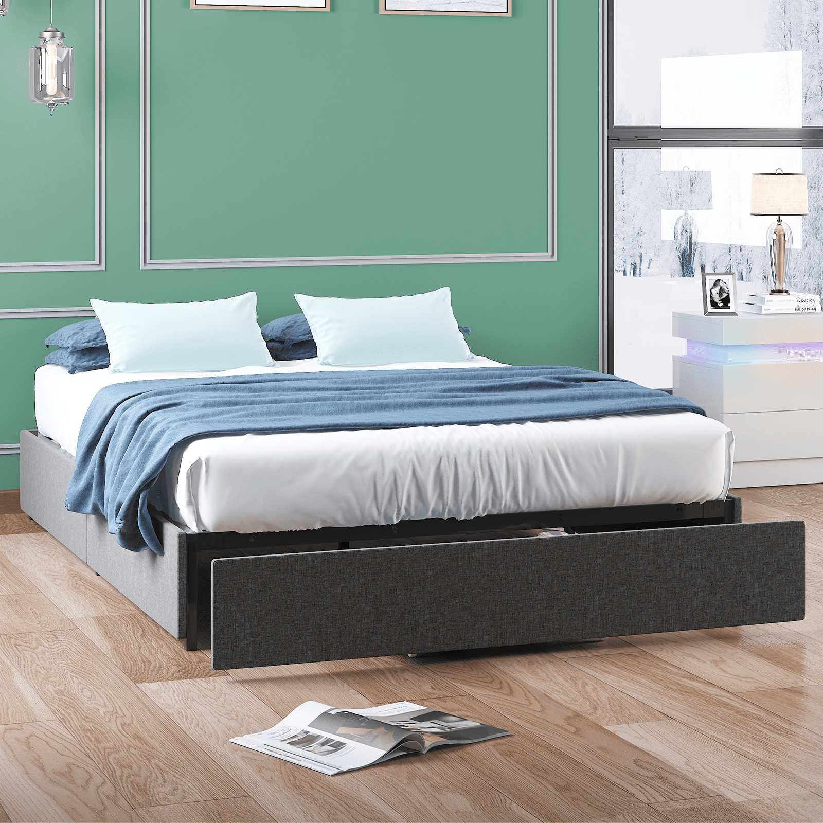 Mjkone Full Bed Frame with Storage Drawers, Upholstered Platform Bed Frame with Large Storage Space, No Box Spring Needed / Heavy Duty Wood Slat Support / Noise Free / Easy Assembly, Dark Grey