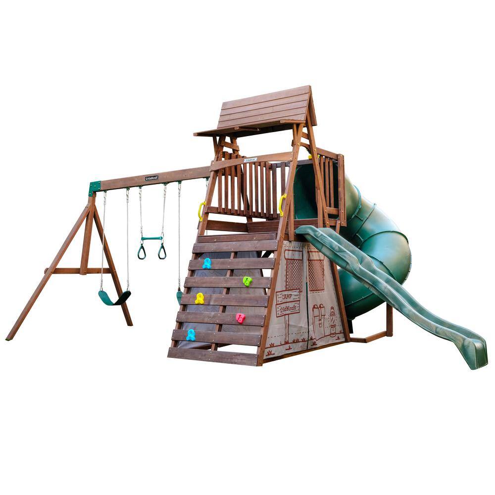 KidKraft Ranger Retreat Wooden Swing SetPlayset with Tent Tube Slide and 3-Swings F29440HD