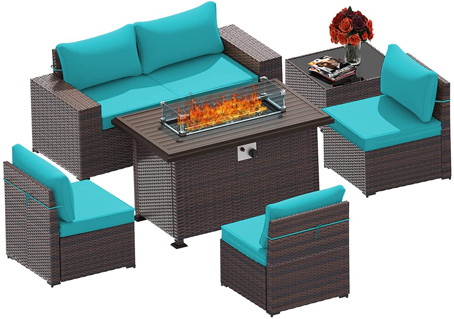 ALAULM Outdoor Patio Furniture Set with Propane Fire Pit Table， 7 Pieces Outdoor Furniture Patio Sectional Sofa Conversation Sets w/ETL Approved 43