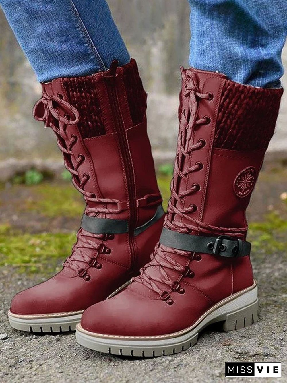 Retro Casual Stitching Zipper Lace-up Combat Boots