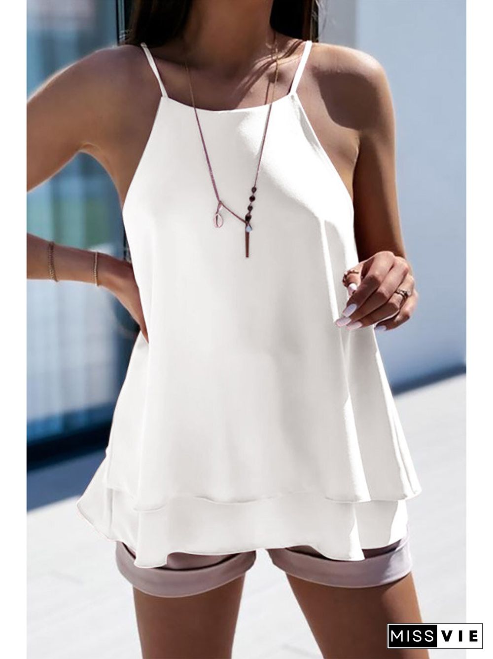 Tiered Hem Solid Spaghetti Strap Cami For Women