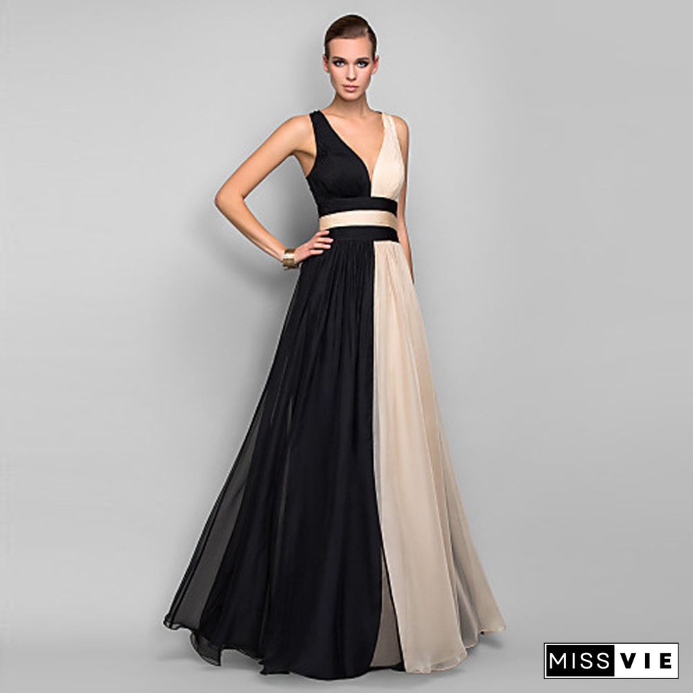 Slim Dress Sexy Sleeveless Color Matching Contrast Dress Long Skirt Black Dresses