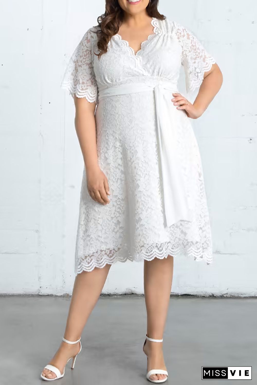 White Scalloped Lace Wrap V Neck Plus Size Dress