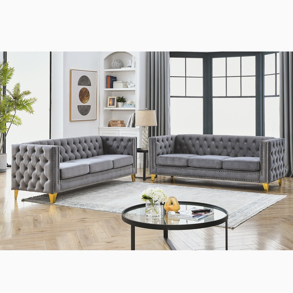 Classic Velvet Chesterfield Sofa Set with Nailhead Trim (Solid Wood Frame  3 Seaters)