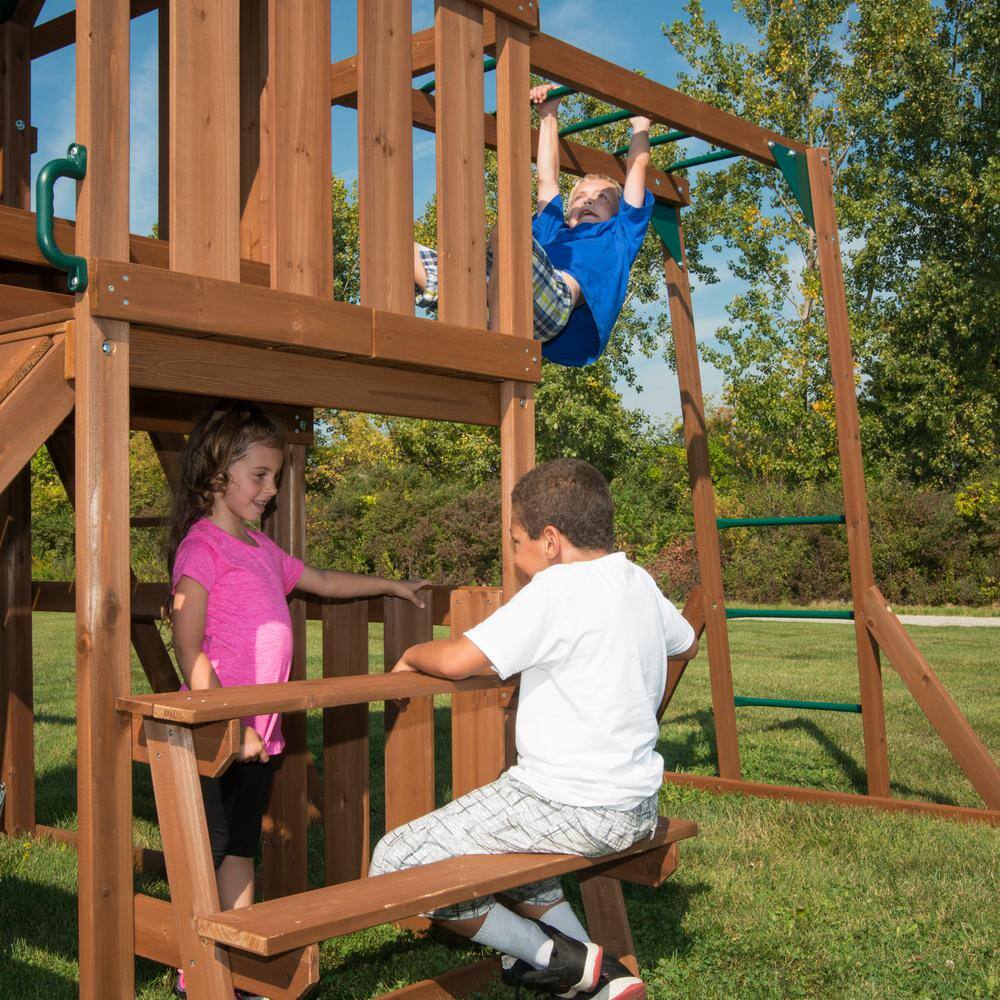 Swing-N-Slide Playsets Knightsbridge Plus Complete Wooden Outdoor Playset with Monkey Bars Slide Rock Wall and Swing Set Accessories WS 8351