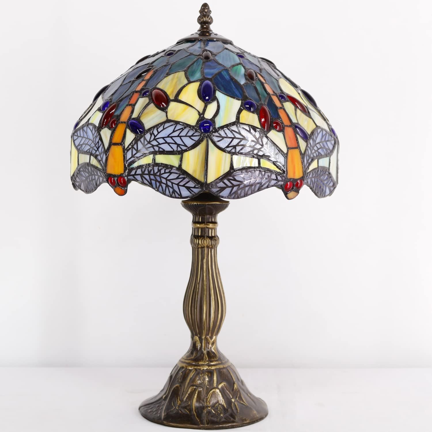 GEDUBIUBOO Tiffany Lamp Sea Blue Yellow Stained Glass Dragonfly Style Table Lamp Nautical Reading Desk Bedside Light 12X12X18 Inches Decor Bedroom Living Room  Office S128 Series