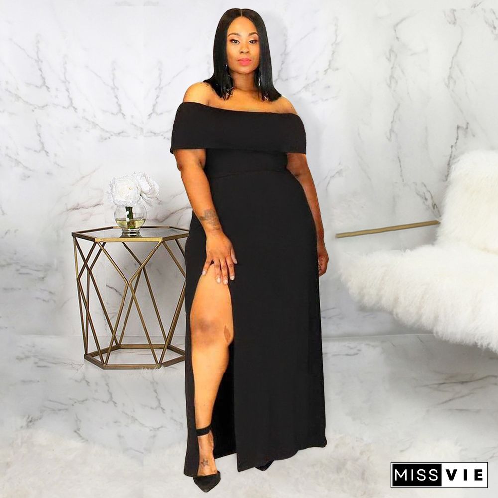 Slash Neck High Split Plus Size Black Dresses