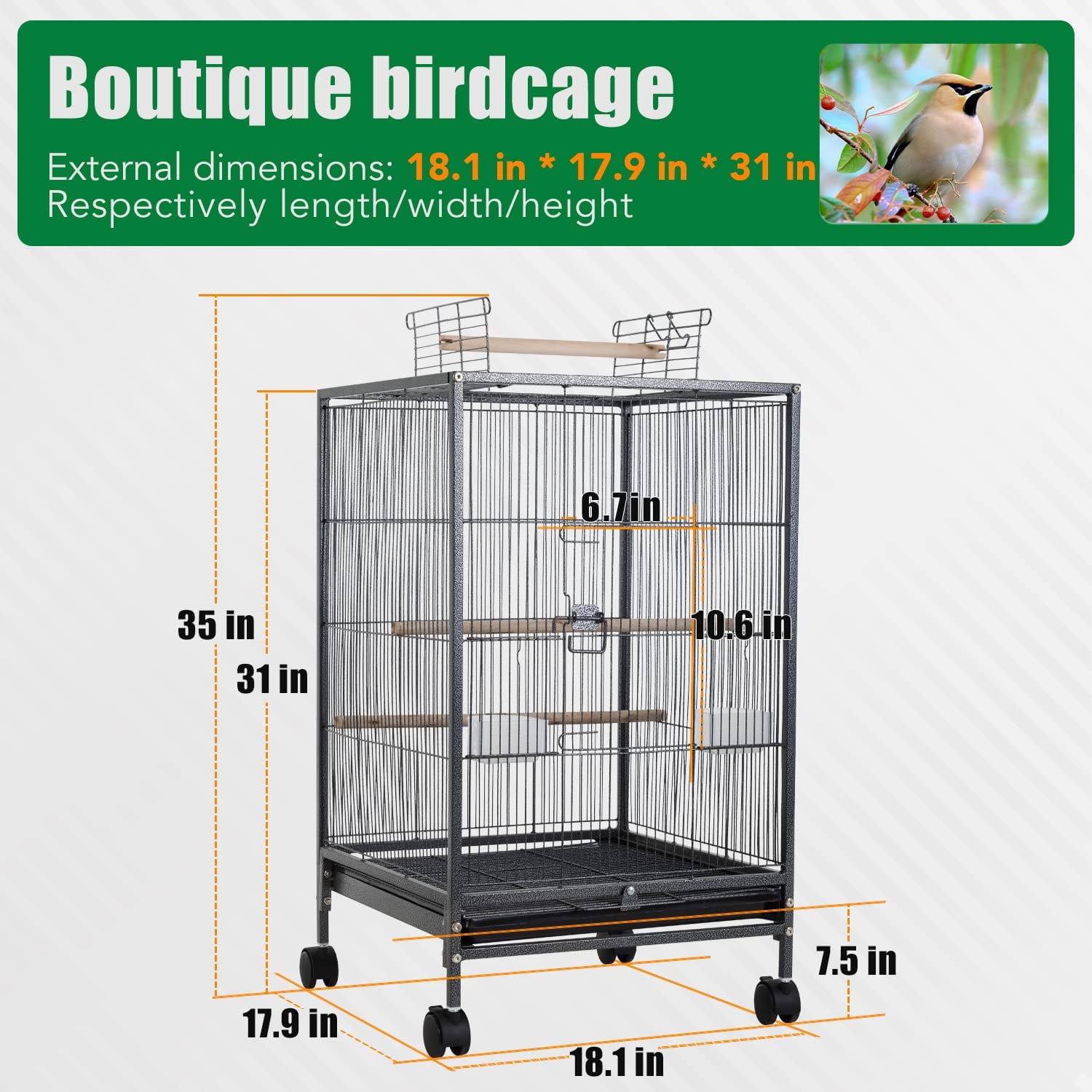 BestPet 35-Inch Wrought Iron Bird Cage with Play Open Top and Rolling Stand，Black