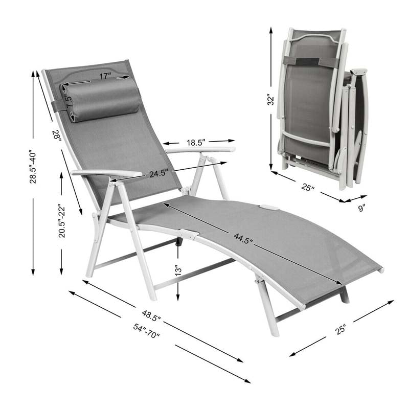 7-Position Folding Outdoor Chaise Lounge Chair, Lightweight Patio Pool Chair Sun Lounger with Cushion & Pillow