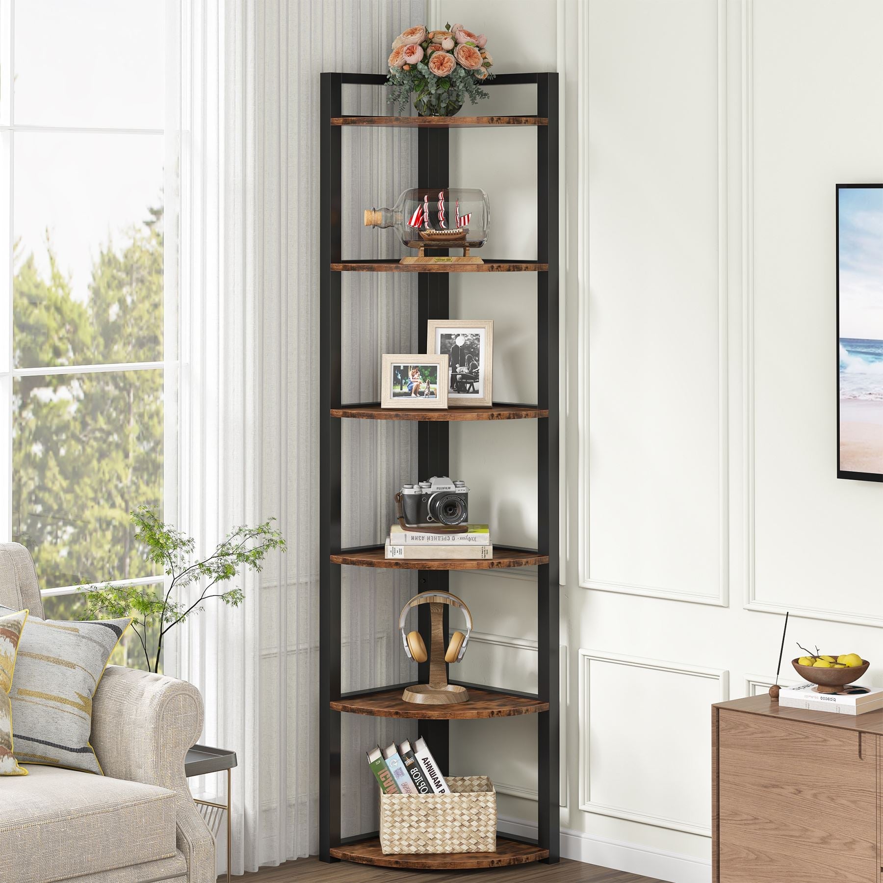 6-Tier Corner Shelf, Small Corner Bookshelf Storage Rack