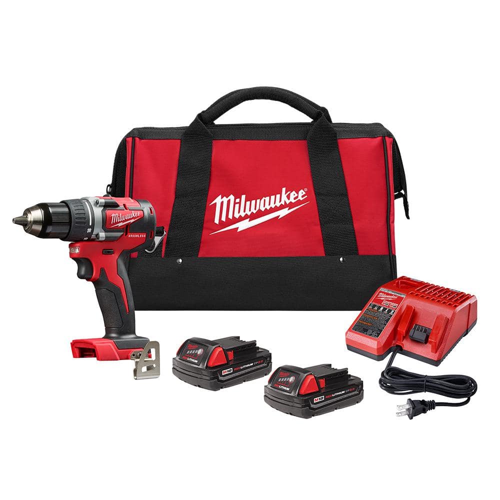 Milwaukee M18 18V Lithium-Ion Brushless Cordless 1/2 in. Compact Drill/Driver Kit with (2) 2.0 Ah Batteries, Charger and Case 2801-22CT