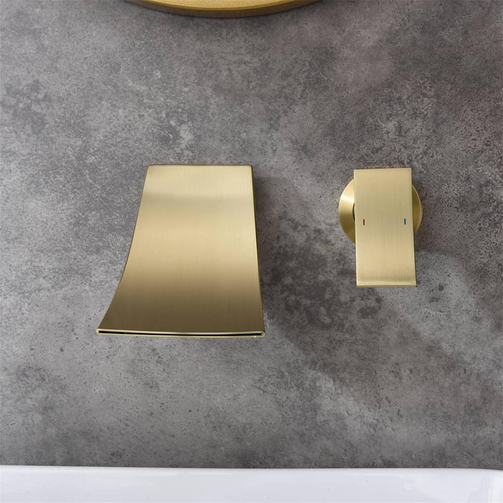 FLG Single-Handle Wall Mounted Bathroom Faucet Waterfall Sink Faucets in Brushed Gold DD-0016-BG