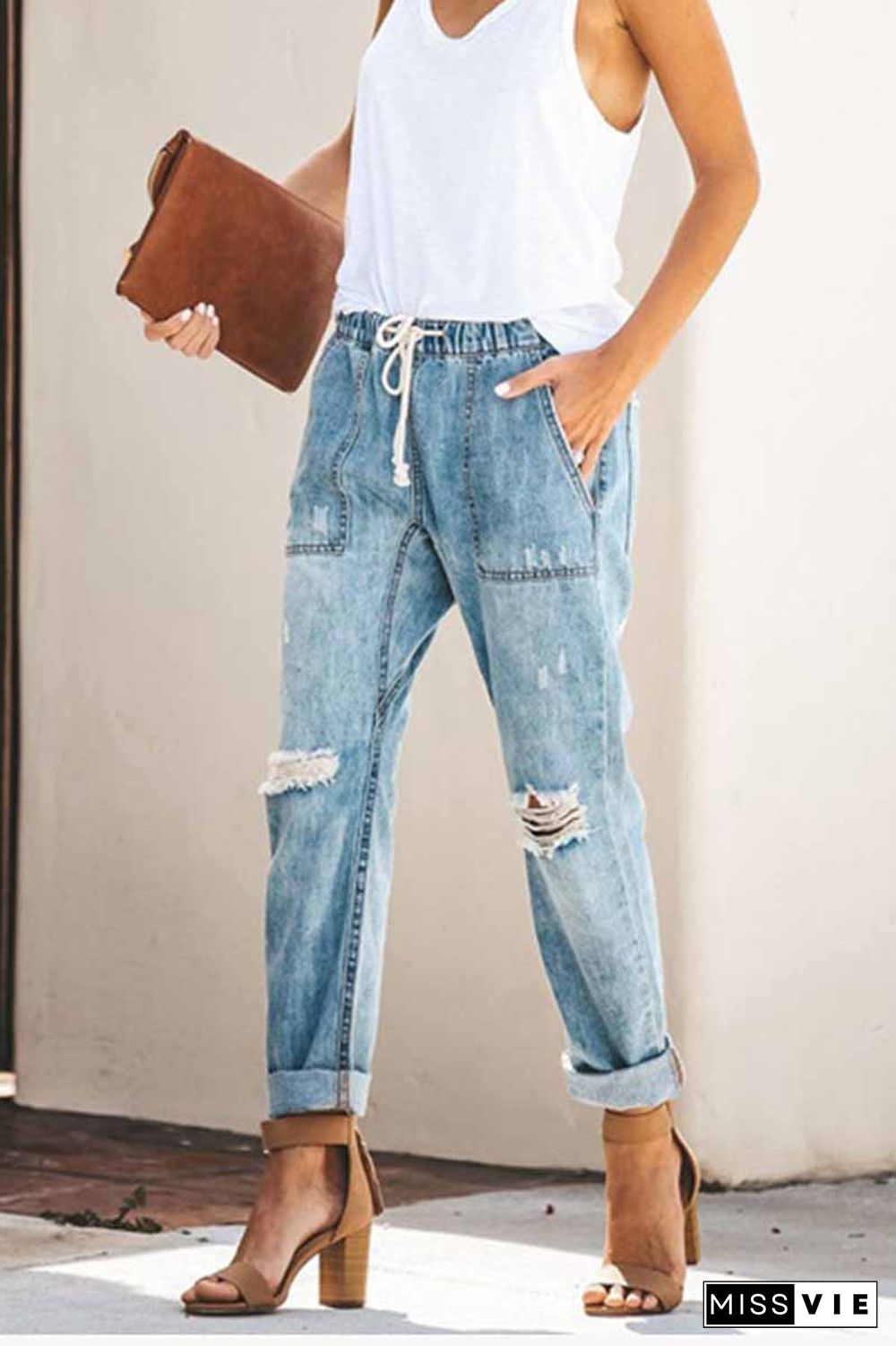 Loose Drawstring Blue Jeans