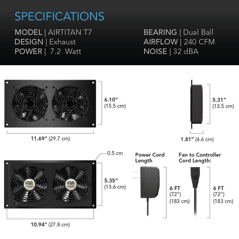 AC Infinity Airtitan T7 240 CFM Indoor Wall Mount Crawlspace Basement Ventilator Exhaust Fan Temperature and Dehumidistat Controller