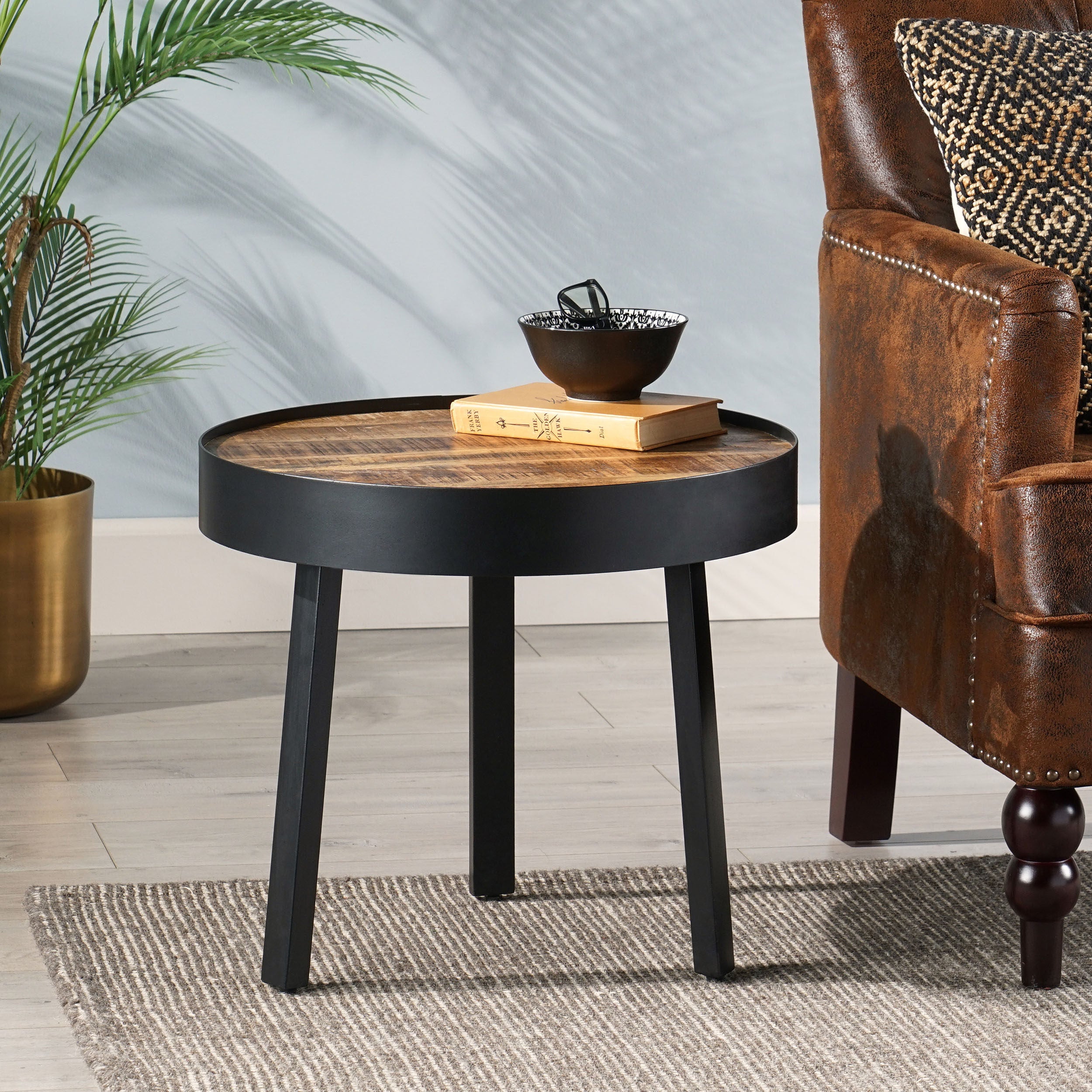 Zeyer Modern Industrial Handcrafted Mango Wood Side Table, Natural and Black