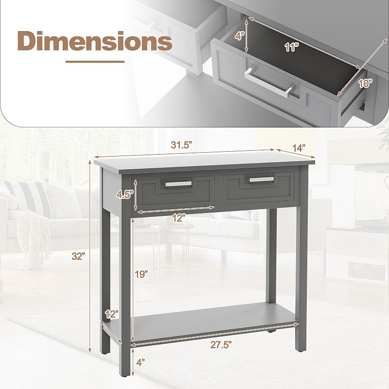 Narrow Console Table With Drawers And Open Storage Shelf-gray